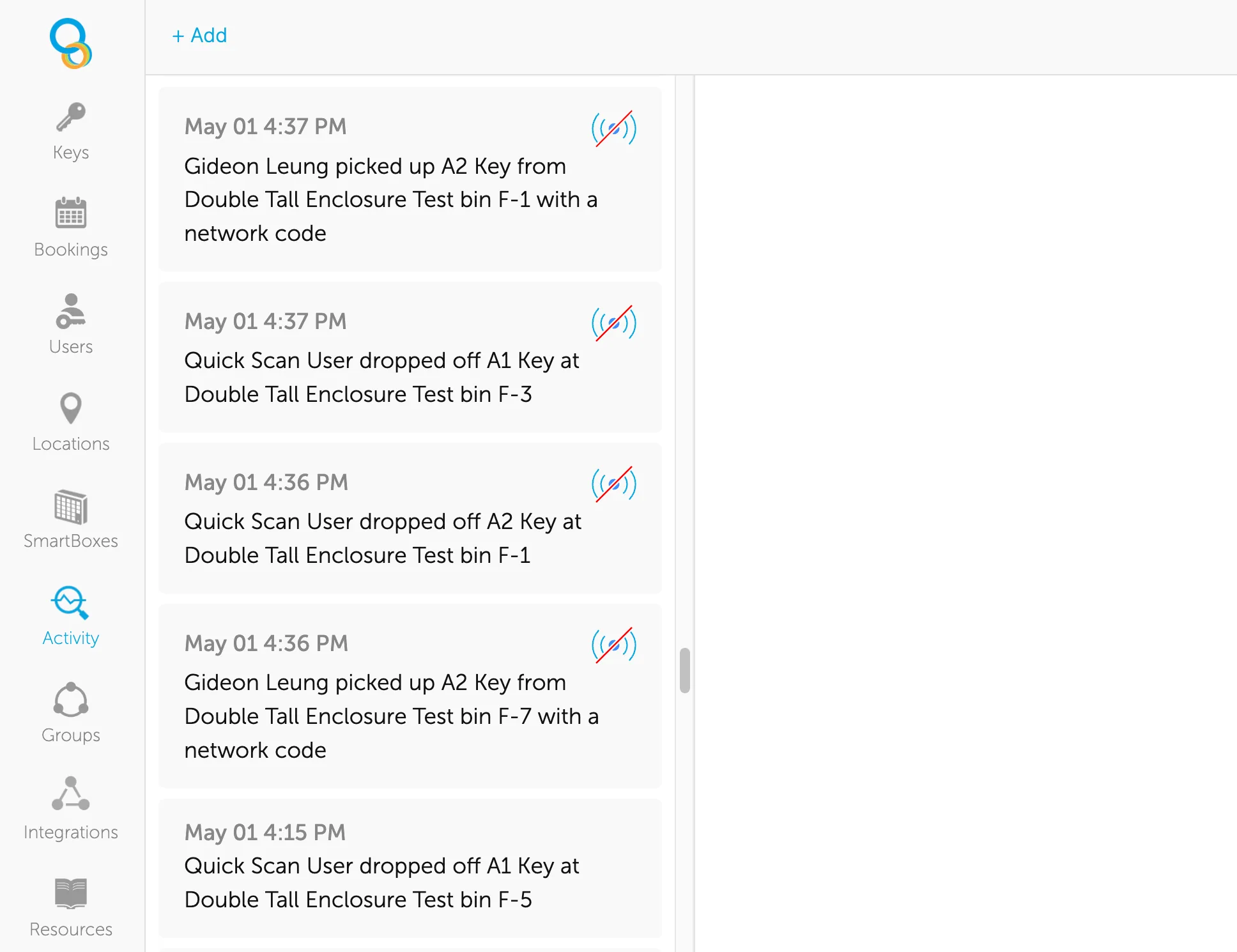 Keycafe dashboard showing key access history with the offline symbol